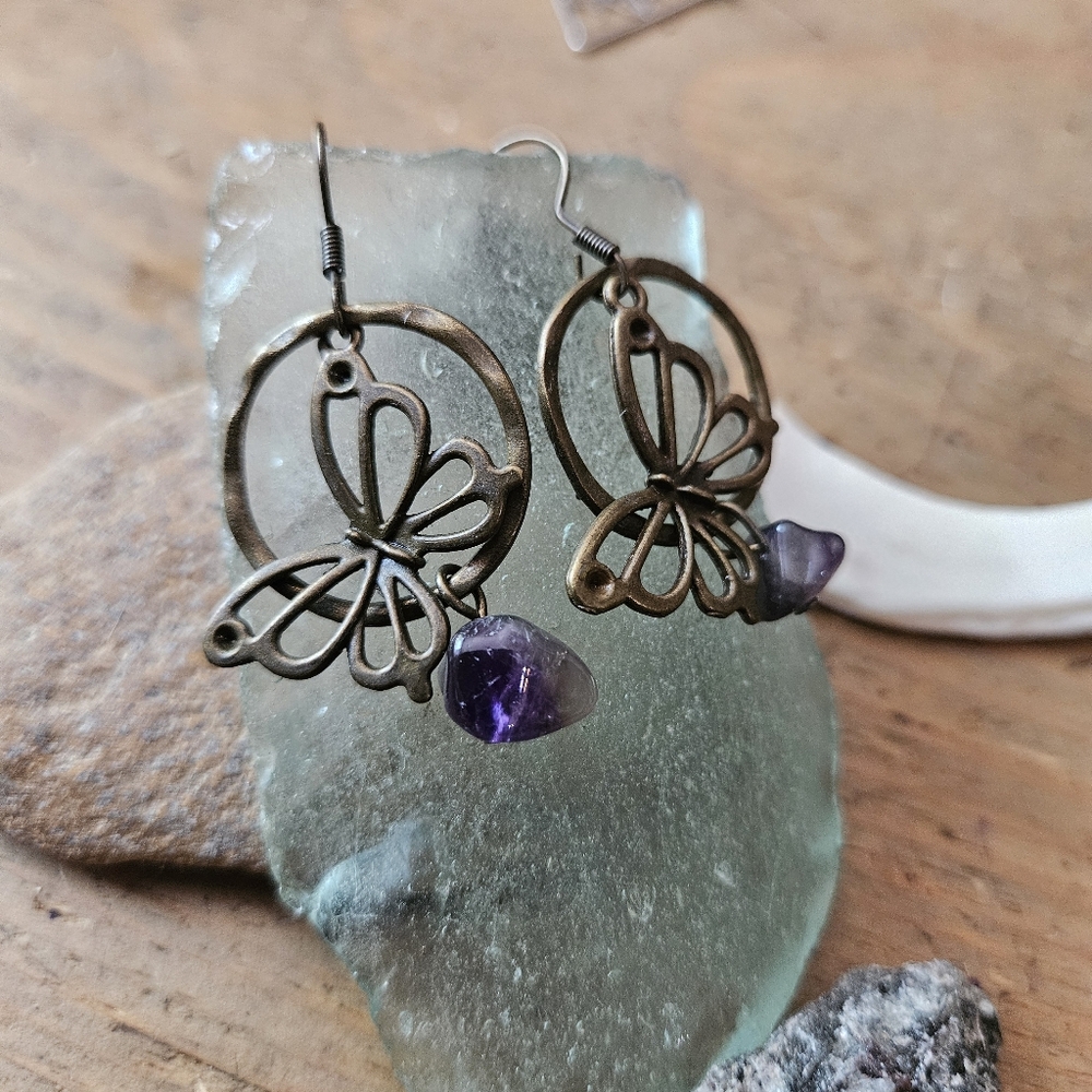 Handmade Butterfly Purple Amethyst Stone Bronze Boho Rustic Handmade Earrings